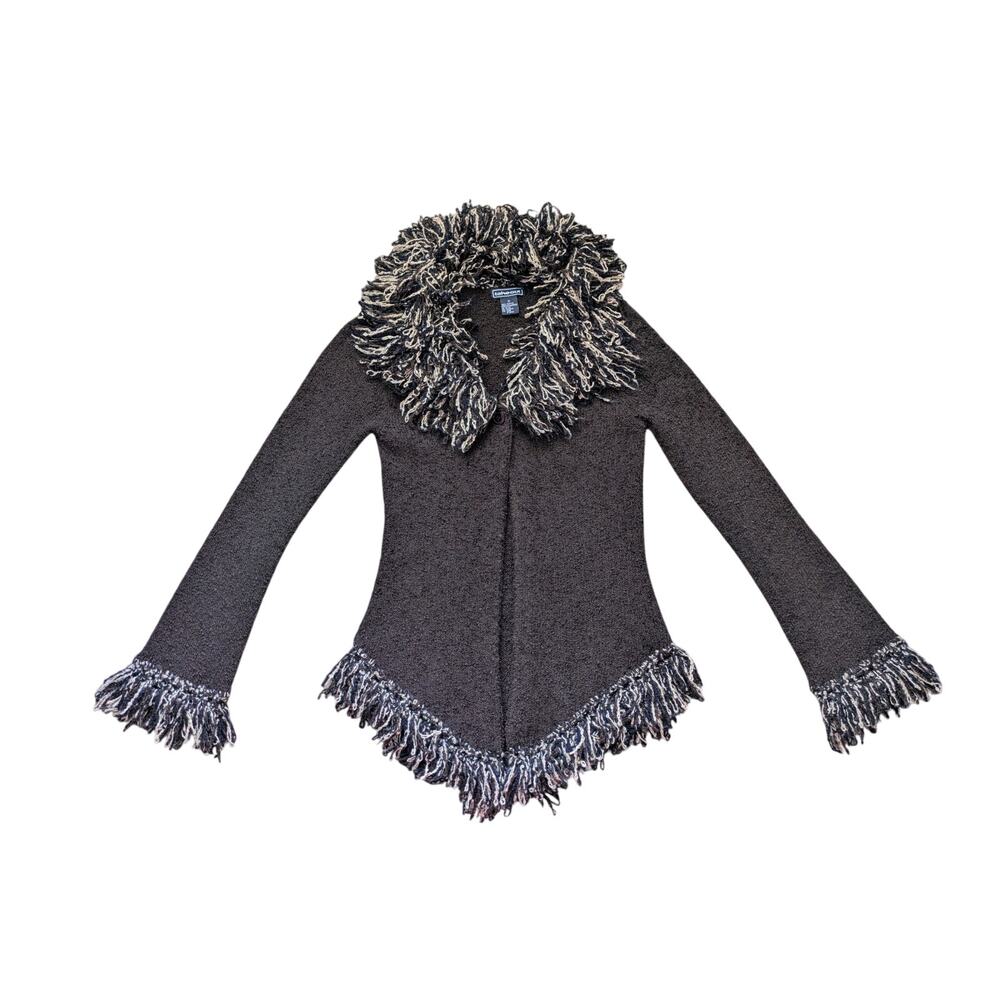 Y2K Shaggy Fringed Cardigan Womens M Dark Brown Flared Cuff Western Boho 70S